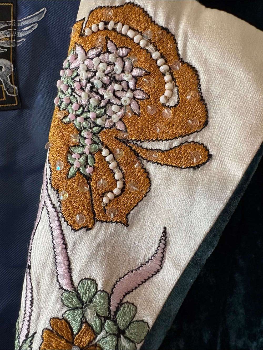 We Are Replay Teal Velvet Blazer with Cream Embroidered & Beaded Trim - Picture 4 of 9